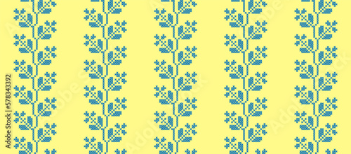 Ukrainian vector seamless fashion pattern, ornament, border. Traditional folk, ethnic pattern. Decoration in yellow and blue. Ukrainian fashion pattern. Pixel art, vyshyvanka, cross stitch