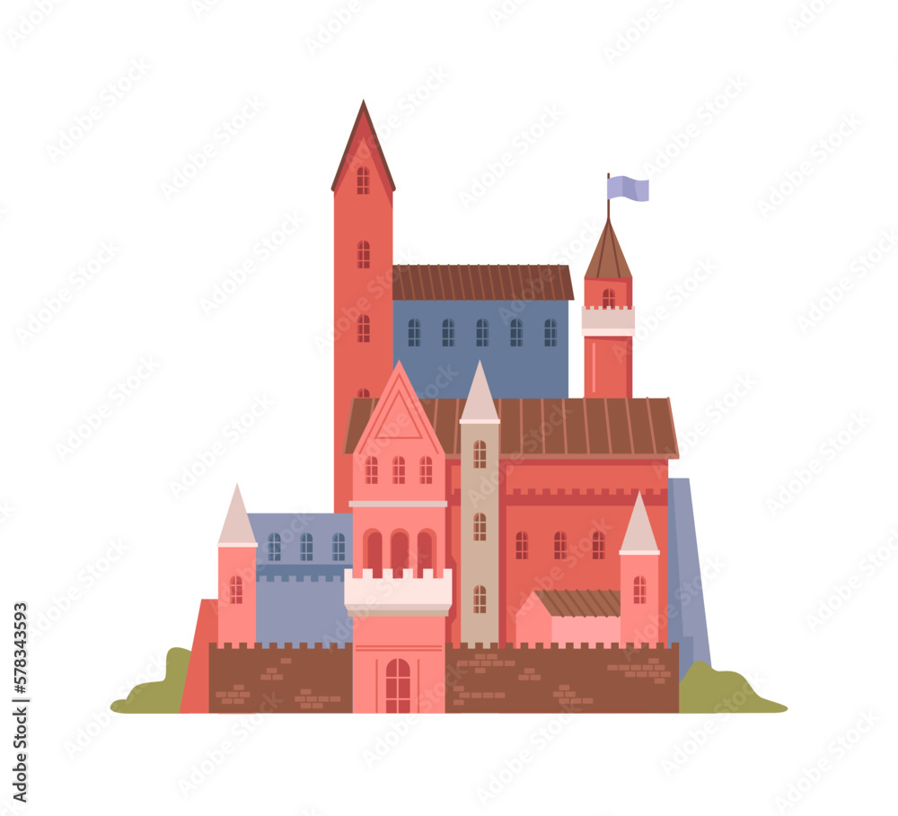 Historical or fairy tale castle with towers and exterior. Isolated citadel or keep, fortification or place for royalty. Residence or mansion. Vector in flat style