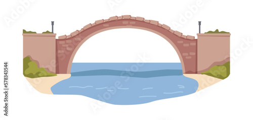 Arched ancient bridge connecting river banks. Isolated old architecture or historical sign. Overpass for people, road or way to cross. Vector in flat style