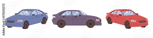 Automobiles parked, isolated modern and new vehicles. Dealership or shop with offers for drivers. Buying or renting agency with cars. Vector in flat style