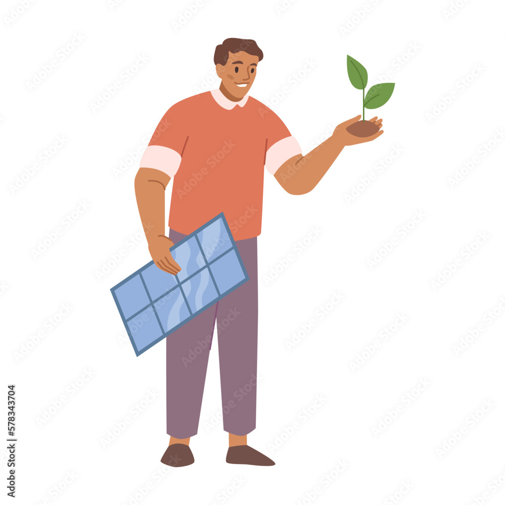 Man using ecological renewable sources of energy. Isolated person with solar panels and sprout in hands, growing saplings and trees. Vector in flat style
