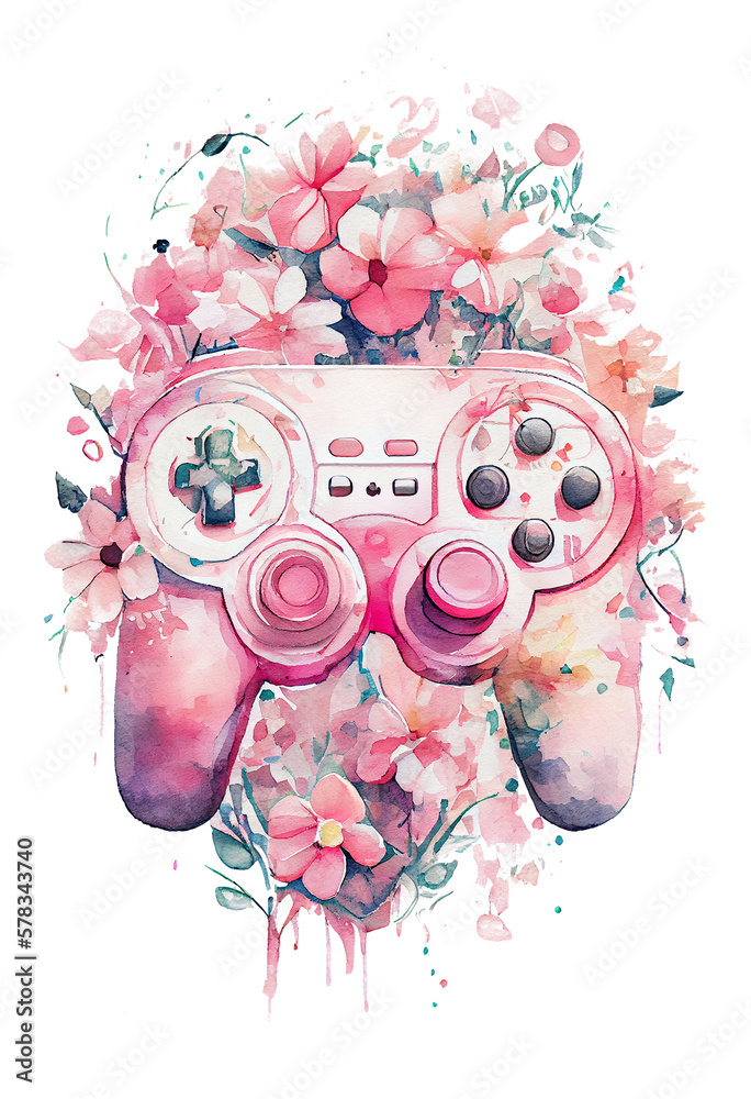 Watercolor game controller with pink flower, Pink joystick holding flowers, lady gamer concept, generative ai.