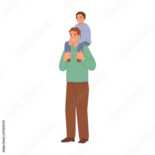 Family time and relationship, isolated father carrying child on neck. Dad and son spending weekends together. Flat cartoon character, vector illustration