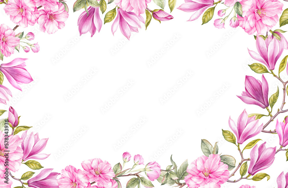 Pink watercolor frame. blossom magnolia and sakura.