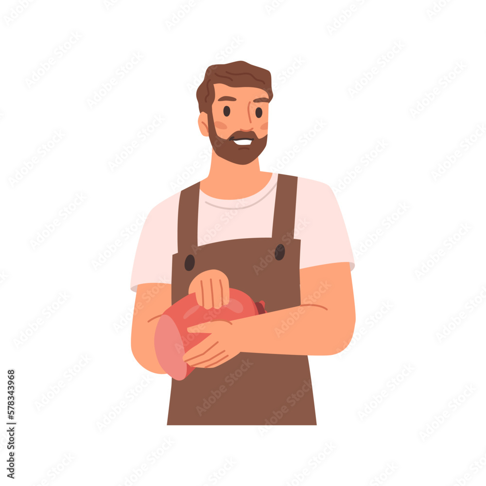 Butcher or street stall or kiosk seller offering meat products and sausages. Small home business, shop or market. Flat cartoon character, vector illustration Butcher or street stall or kiosk seller offering meat products and sausages. Small home business, shop or market. Flat cartoon character, vector illustration