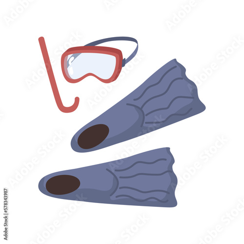 Snorkeling set for scuba diving hobby and underwater submerging. Isolated rubber flippers and mark glass with pipe for breathing. Vector in flat cartoon style