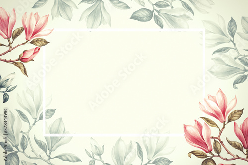 Pink watercolor frame. blossom elegant magnolia.