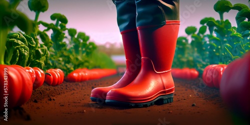 A closeup rubber boots in a green beautiful garden. Gardening boots on the wood plank on the ground. Generative AI