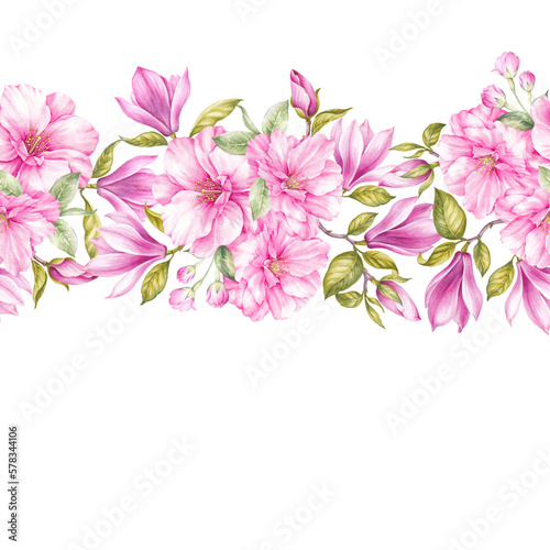 Magnolia watercolor square frame. botanical floral illustration. Seamless border © Kotkoa