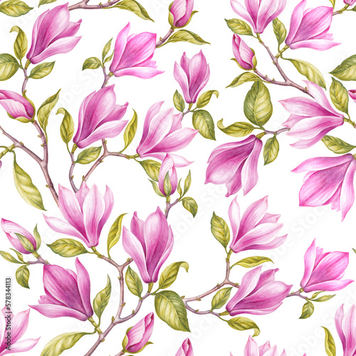 Pink floral seamless pattern. Watercolor magnolia flower