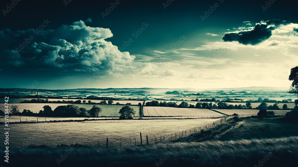 English countryside landscape panorama with blue sky