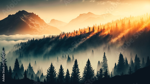 Foggy mountain forest at sunrise. Beautiful landscape with morning mist over coniferous trees.