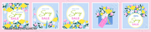 Up to 50% off Spring Sale banne template typography. Light blue background with bright spring flowers. Vector illustration