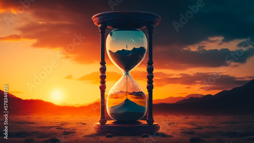 Hourglass at sunset and sky background with copy space