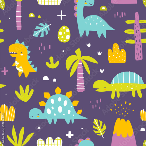 Bright jurassic pattern with cute dino. Seamless vector print with abstract dinosaurs for baby textile and fabric.