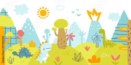 Cute jurassic landscape with funny dino. Scandinavian print with prehistorical valley for baby wall art.