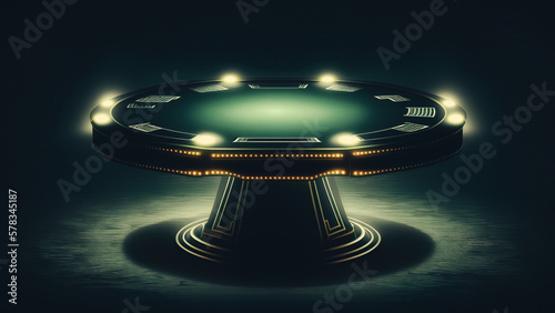 Poker table with green cloth on dark background