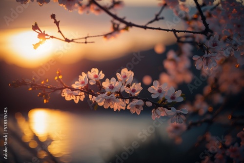 Generative AI illustration of sunset, cherry blossom season © OLKS_AI