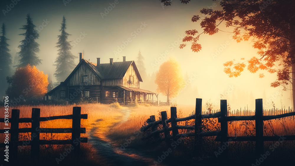 Autumn landscape in the forest. Farmhouse with wooden fence on the meadow. Beautiful foggy morning at fall with bright sunlight