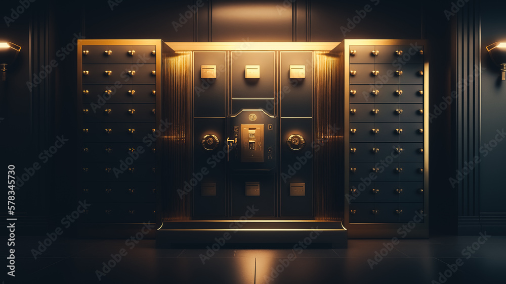 Bank deposit lockers with closed steel doors and black open safe box with white light inside, angle view - obrazy, fototapety, plakaty 