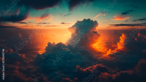 Beautiful dramatic sunset sky above fluffy clouds early in the morning from aerial drone view.