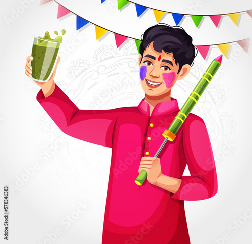 Man celebrating Holi and drinking bhang thandai in Holi editable vector illustration. Glass of bhang thandai  Indian traditional drink to celebrate Holi. Indian Asian boy wearing ethnic cloth.
