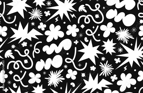 Abstract cloud and flower shapes seamless pattern. Groovy funky flower, bubble, star, loop, waves in trendy retro 90s 00s cartoon style. Vector background with wavy and spiral elements.