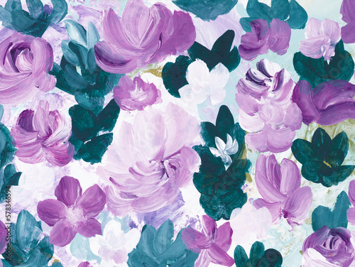 Abstract purple flowers, original hand drawn, impressionism style, color texture, brush strokes of paint,  art background.