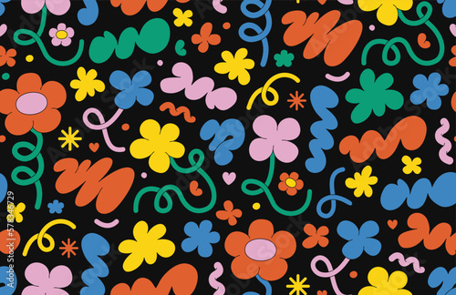 Abstract cloud and flower shapes seamless pattern. Groovy funky flower, bubble, star, loop, waves in trendy retro 90s 00s cartoon style. Vector background with wavy and spiral elements.