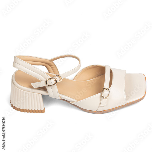 White Women's Leather Shoes Sandals with Low Thick Heels on White Background