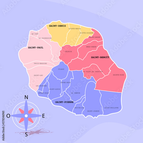 Carte de l'île de La Réunion vectorielle stylisée avec les villes, frontières et les divisions administratives  photo