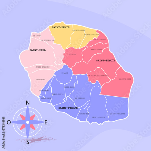 Carte de l'île de La Réunion vectorielle stylisée avec les villes, frontières et les divisions administratives 