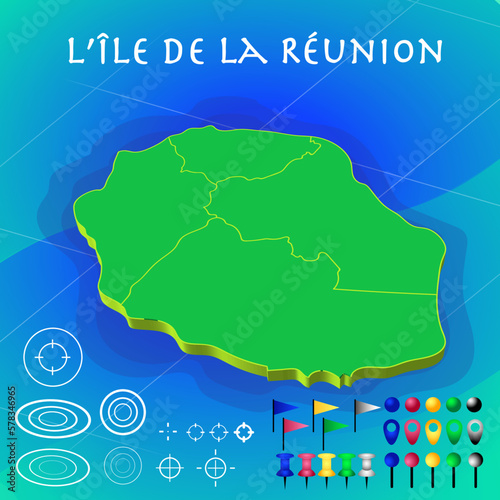 Carte de l'île de La Réunion en 3D, vue semi aérienne - Illustration vectorielle avec un ensemble d'icône 