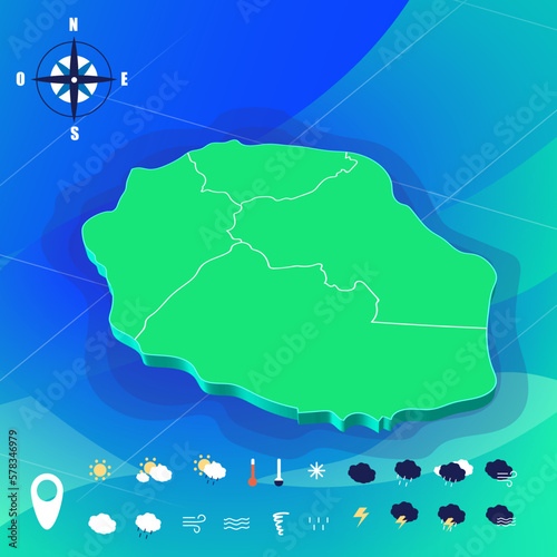 Carte de prévision météo de l'île de La Réunion vectorielle 3D