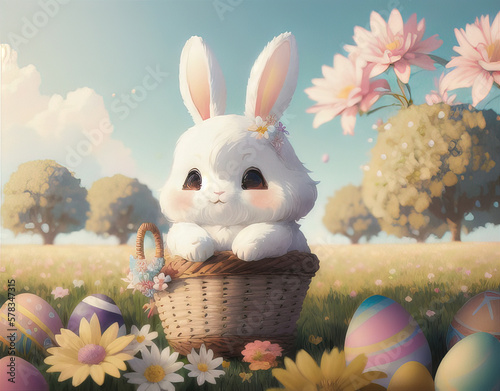 Cute white bunny with a wicker basket on a sunny meadow  Grass  flowers  Easter symbolism with Easter eggs  and Easter white Rabbit generative ai.