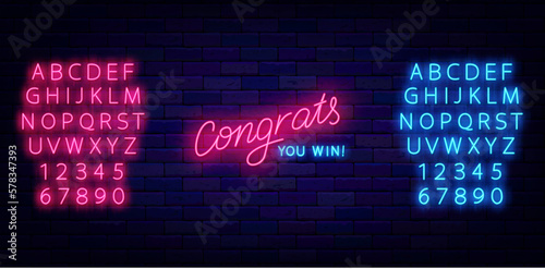 Congrats you win neon lettering sign. Winnig and casino concept. Turquoise and pink alphabet. Vector illustration