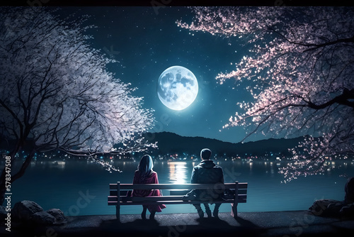 cute couple giving hands sitting on a bench from behind looking at the moon at night, in front of a lake, sky full of stars, japan city with a cherry tree, generative AI