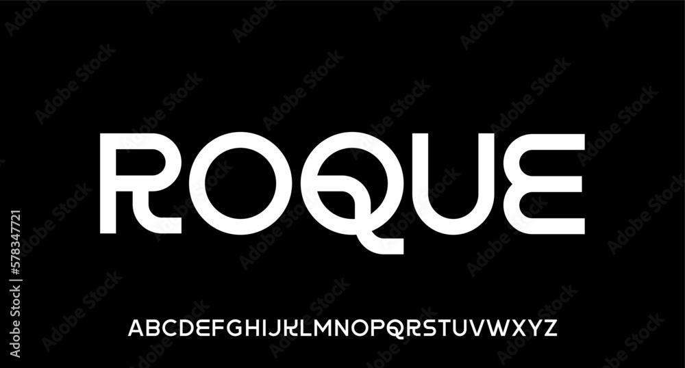 roque, modern geometric circular font with rounded edges.	
