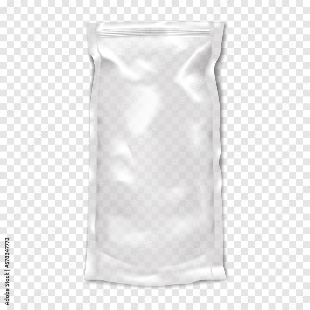 Clear glossy resealable plastic bag with zip lock on transparent background  vector mock-up. Empty blank zipper stand-up pouch realistic mockup.  Template for design Stock Vector