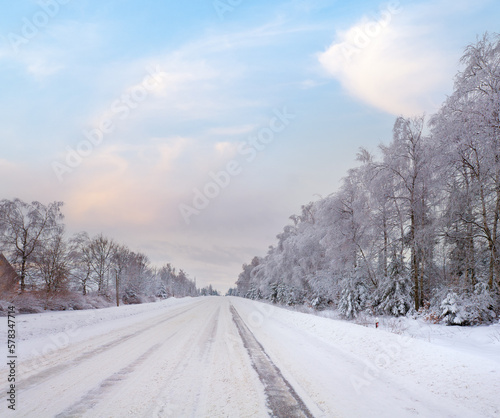 Winter dull landscape with ice-covered road and trees at side of the road.