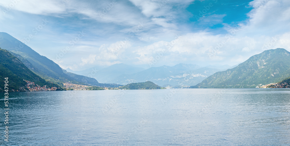 Alpine Lake Como summer evening panorama (Italy).