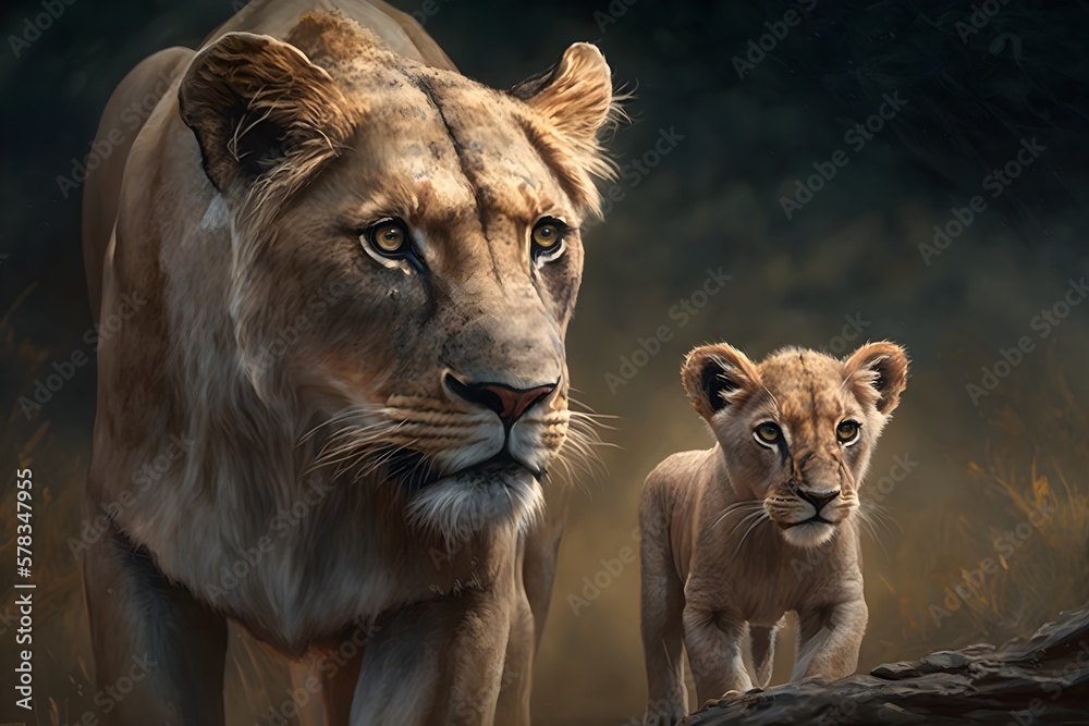 Obraz premium Wallpaper Illustration and background of a lion family together, in a natural habitat, realistic illustration. Front view. Concept of animal, wild world. Generative AI