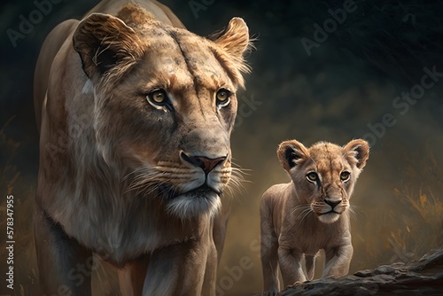 Wallpaper Illustration and background of a lion family together, in a natural habitat, realistic illustration. Front view. Concept of animal, wild world. Generative AI © unik