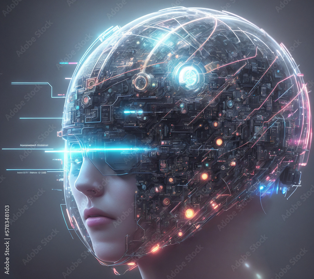 cyborg girl with computer circuit board lines in a shape of a brain ...