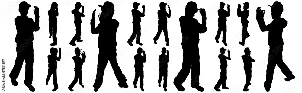 Big set of teenage silhouettes of hip-hop dancers on a white background. A teenager in a cap and tracksuit dances a break. Dancing boy in a hat. Black silhouettes of hip-hop dancers. Front view.
