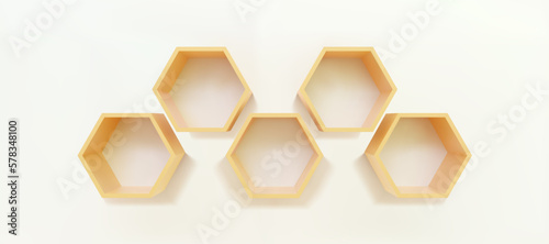 Beige empty hexagon shelves on white wall 3D mockup. Shop, gallery plastic or wooden showcase to present product. Blank retail storage space. Interior design furniture. Living room bookshelf