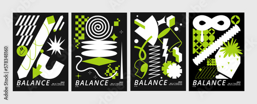 vector set posters or prints with geometric shapes. brutalist design, futuristic composition