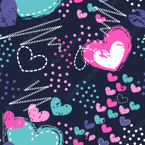 Abstract seamless pattern for girls with hearts. Cool girlish background 