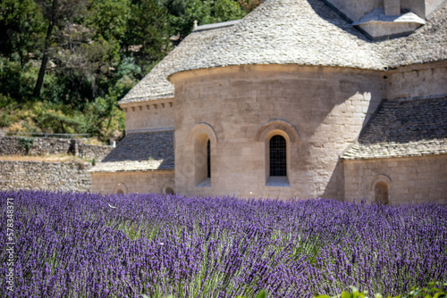 Abbaye de Senanque avec un champ de lavande, architecture romane citersienne 
