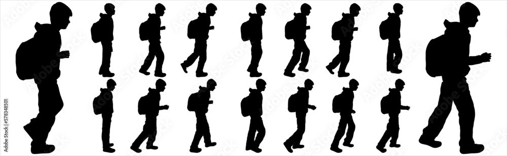 Black silhouette, schoolboy with a backpack. The student is standing. The boy takes a step. Children walk one after another. Go back to school. The idea of education. Backpack. Backpack. Side view.